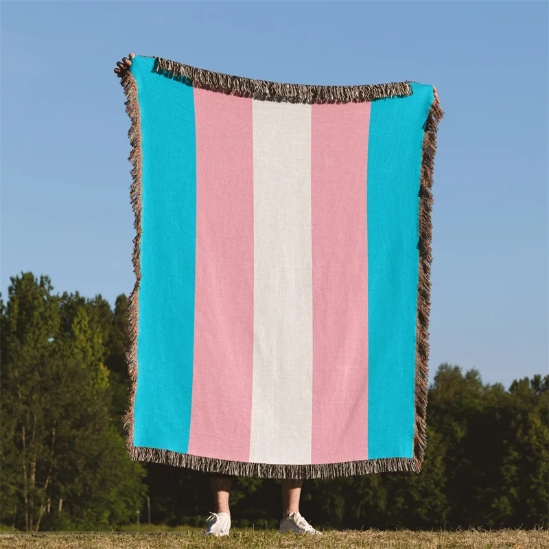 Gaslight Gatekeep Girlboss Transgender Pride Flag LGBT Rainbow Jacquard Fringed Woven Throw Blanket