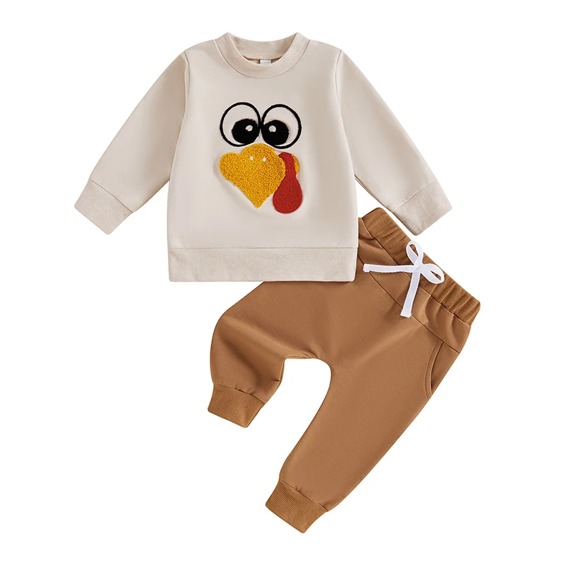 

Baby Pants Set Long Sleeve Crew Neck Embroidery Turkey Sweatshirt with Pants Thanksgiving Outfit