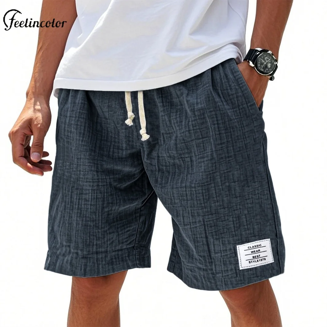 Pure Cotton Loose Shorts Men's Summer Casual Beach Pants Fashion Drawstring Five-point Trousers Blue Black Outdoor Male Bottoms