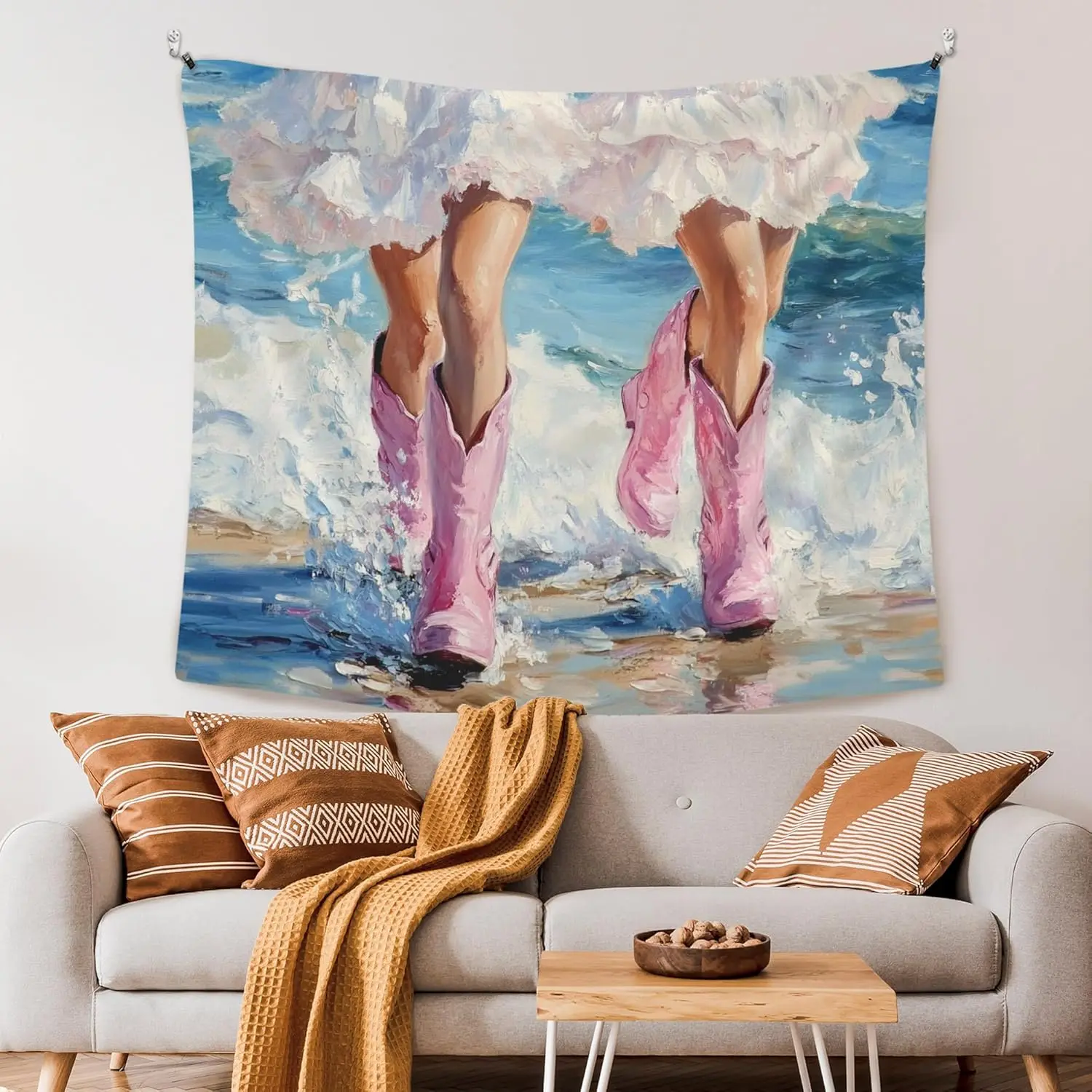 Pink Cowboy Boots Tapestry - Beach Waves Wall Art, Girly Room Decor, Living Room Bedroom, Multiple Sizes