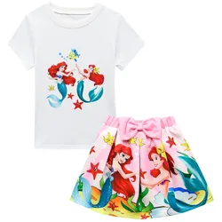 Vestiti vestito da ragazza stampa cartone animato sirena principessa ragazze cotone abbigliamento per bambini vestito da ragazza vestito da principessa Set di due pezzi