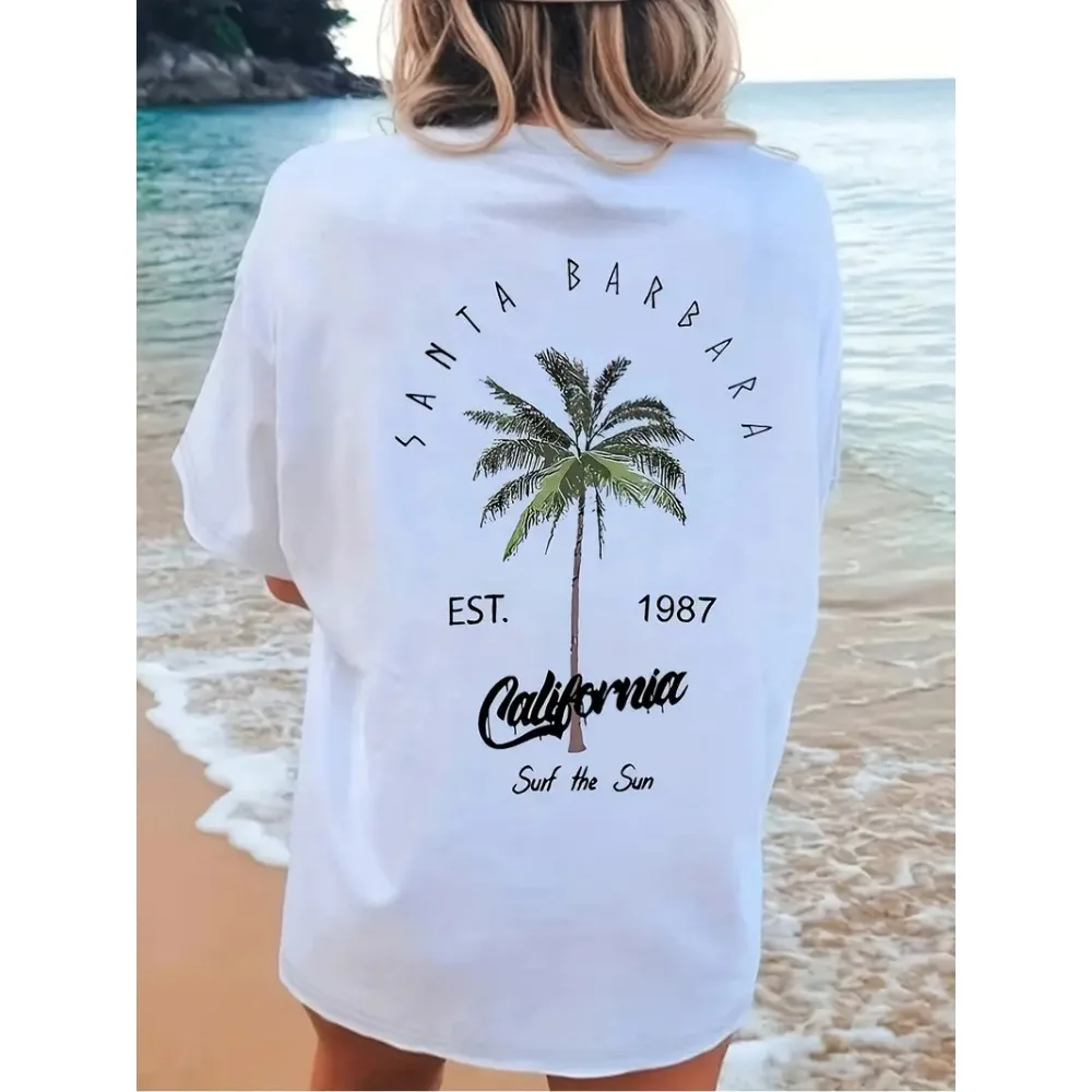 Retro Surfboard Coconut Palm Sea Wave Print Women Cotton T-shirt Happiness Comes in Waves Slogan Summer Party Trend Female Tee