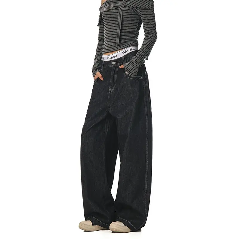 أنيقة الخريف الشتاء خمر عالية الخصر التطريز تصميم تنوعا البضائع الجينز مستقيم واسعة الساق السائق السراويل النسائية Y2k الملابس #3