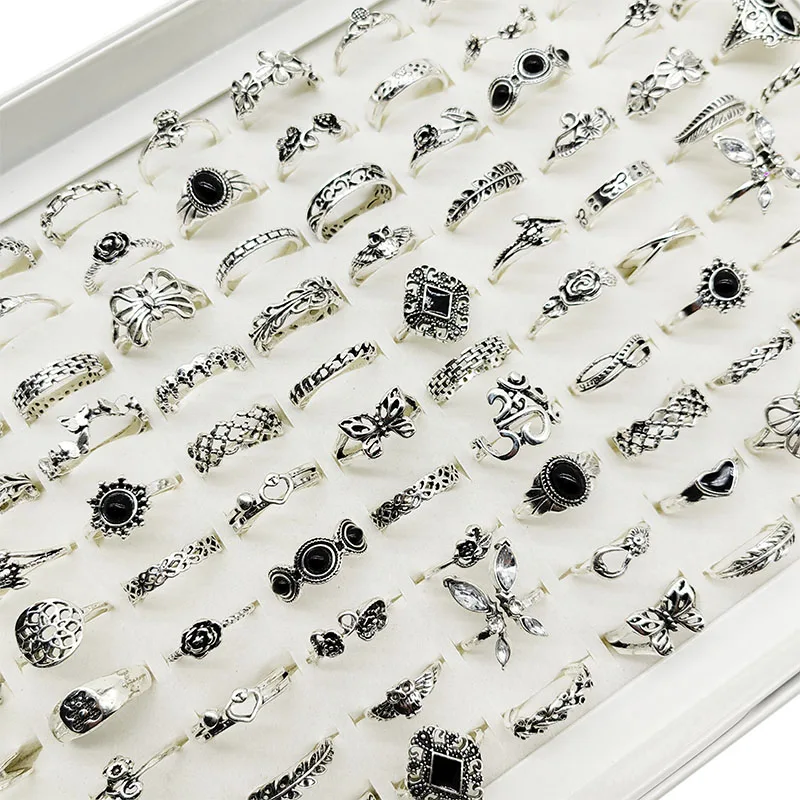 50 teile/los Mix Stil Vintage Finger Ringe für Frauen Schwarz Acryl Emaille Hohle Blume Design Ring Ausschnitt Schmetterling Schmuck Mädchen – Detail 10