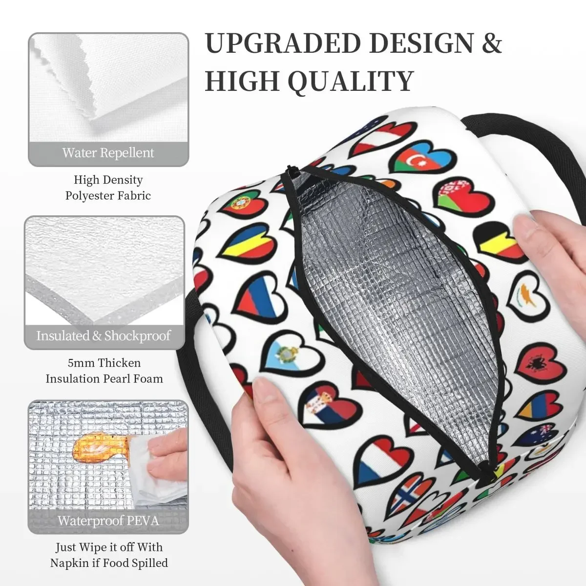 Eurovision Song Contest Flags Hearts BackpackInsulated Lunch Bag for Kids School Cooler Thermal  Lunch Boxes Container