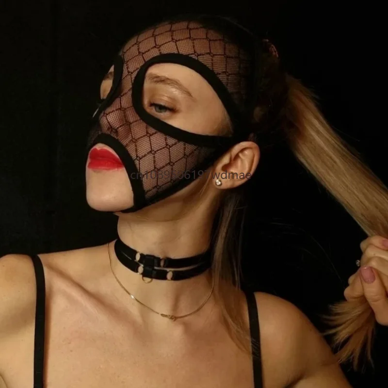 Grid Lace Face Mask Adjustable Strap Open Eyes Mouth Women Gothic Cosplay Face Cover Halloween Masquerade Party Costume Props