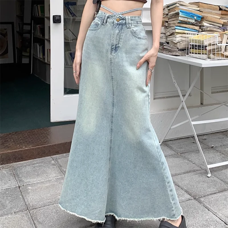 Women's High Waist Thin Raw Edge Long Skirt, Korean Solid Color, Loose Denim, Half-Body Fishtail, Summer, Design Sense, New