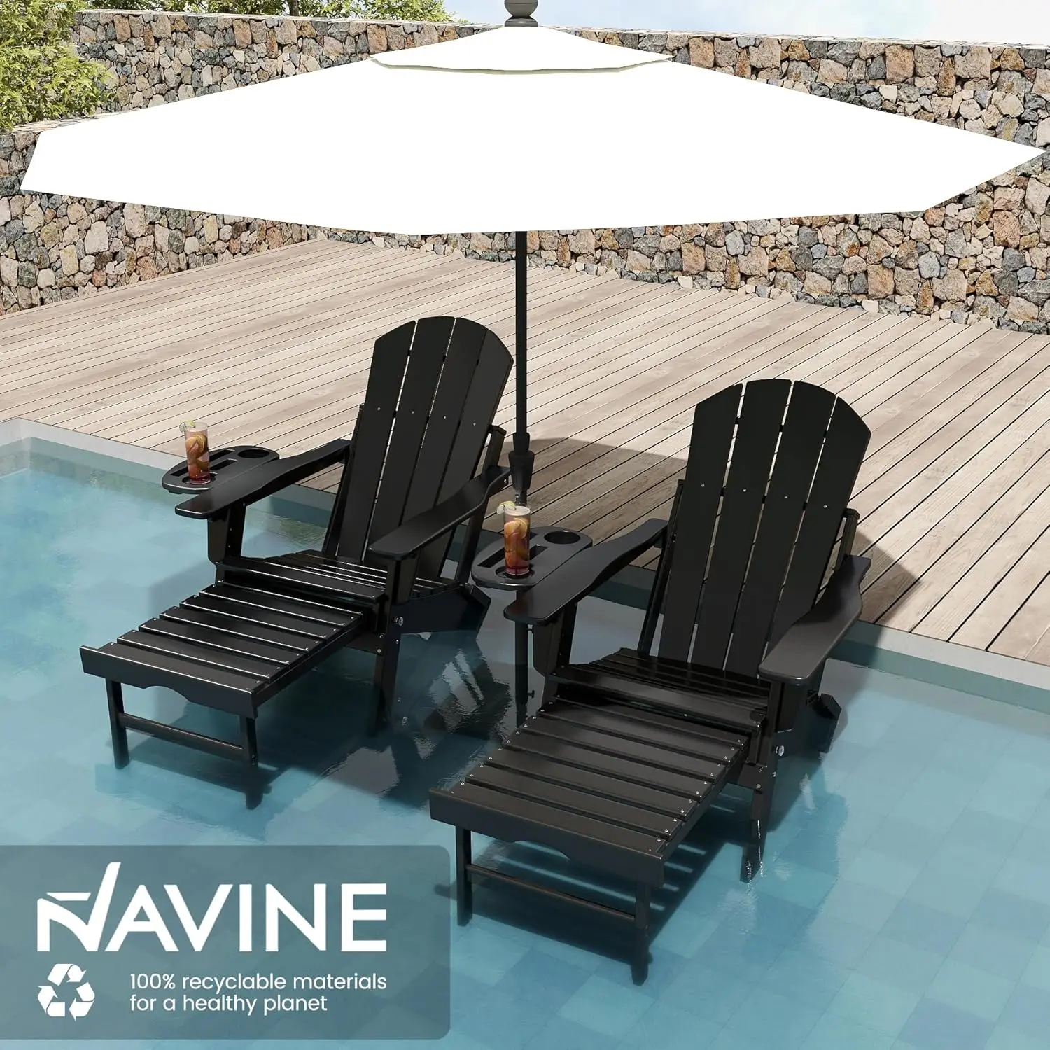 Chair with Retractable Ottoman Set of 2 HDPE Folding  Chair with Cup Holder All Weather Fire Pit Chair for Outdoor