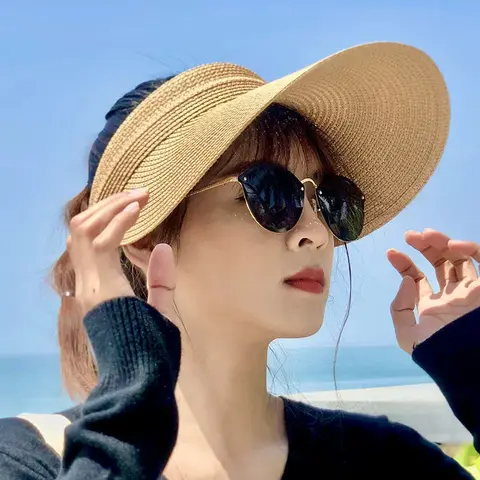 Straw Sun Hat with Ventilated Top for Beach, Wide Brim UV Protection Foldable Straw Hats for Women Outdoor Travel