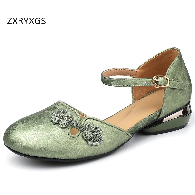 ZXRYXGS 2024 Summer Round Toe Flower Plate Buckle Side Air Women Genuine Leather Sandals Chinese Retro Elegant Fashion Sandals