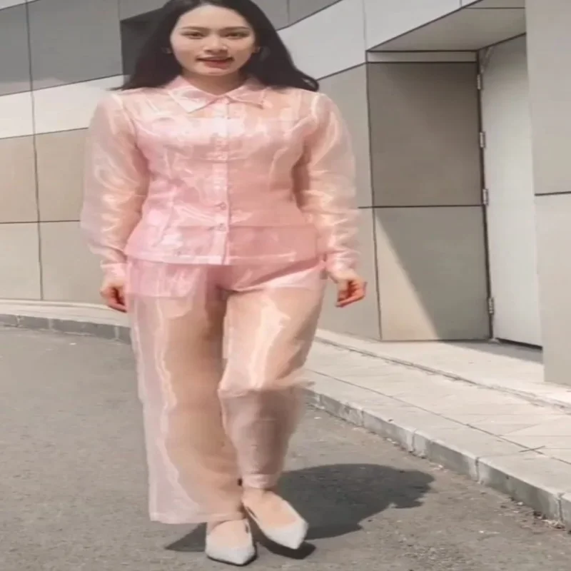 Men Pink Sexy Luxury See Through Organza Shirt Pants Set Women Thin Long Sleeve Glossy Slim Sheer Erotic Uniform Private Party