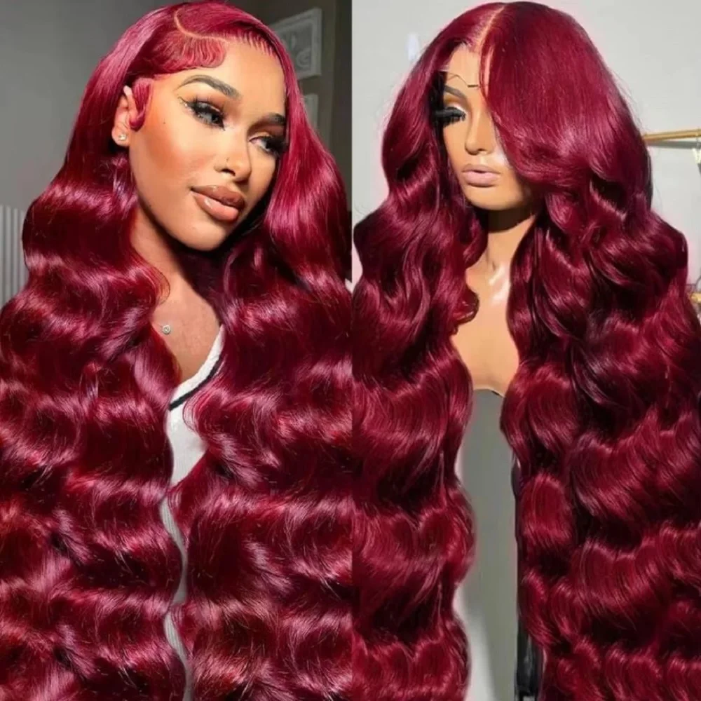 

40 50 Inch 180% Density 99j Burgundy 13x6 Hd Lace Frontal Human Hair Wig Body Wave Human Hair Wigs 100% Human Hair For Women