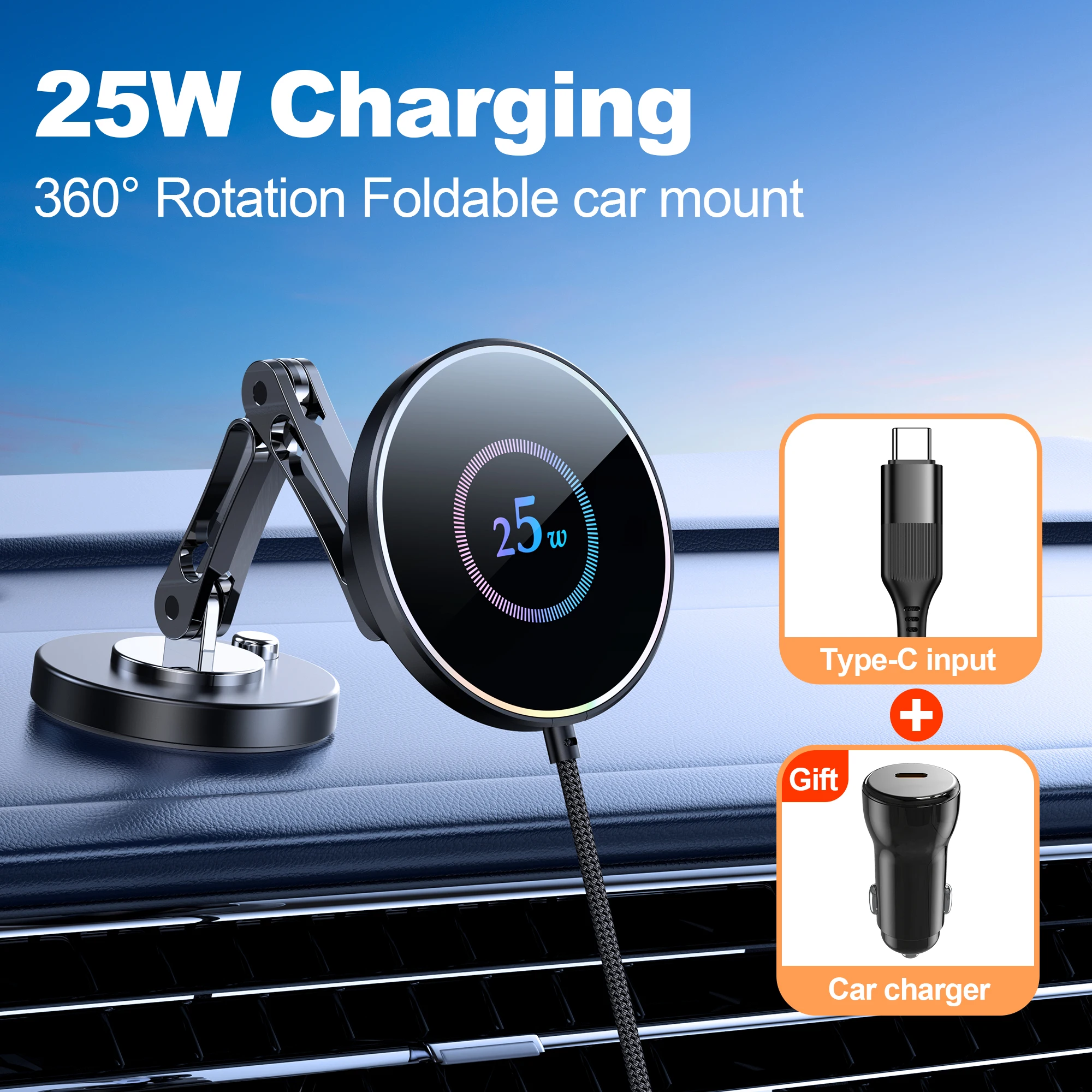 PD25W 360° Rotate Magnetic Car Phone Holder Wireless Charging For iphone 17 16 15 Xiaomi Huawei  Samsung Wireless Charging Stand