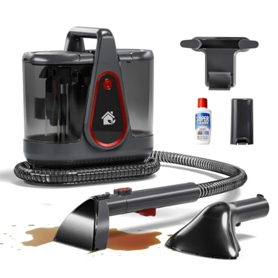 Portable carpet cleaner machine for couches and sofas, gray-red ABS plastic, 17KPa deep suction, dual separate tanks, self-clea