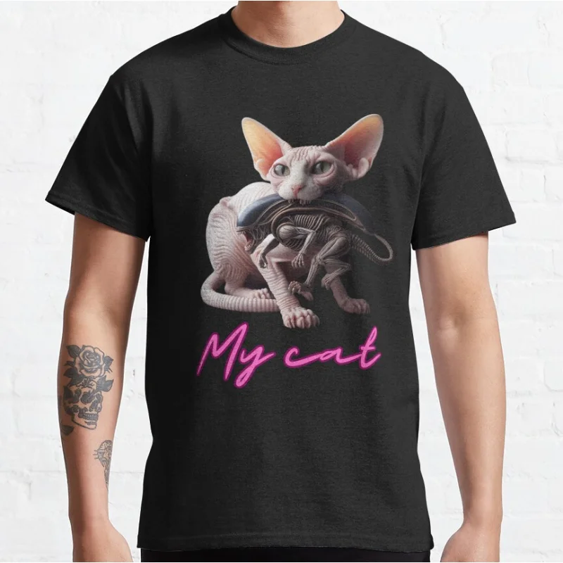 Cat Sphinx & Xenomorph  Alien With Sphynx Cat Graphic T Shirts Adult S-6XL large size Gift t shirt for men