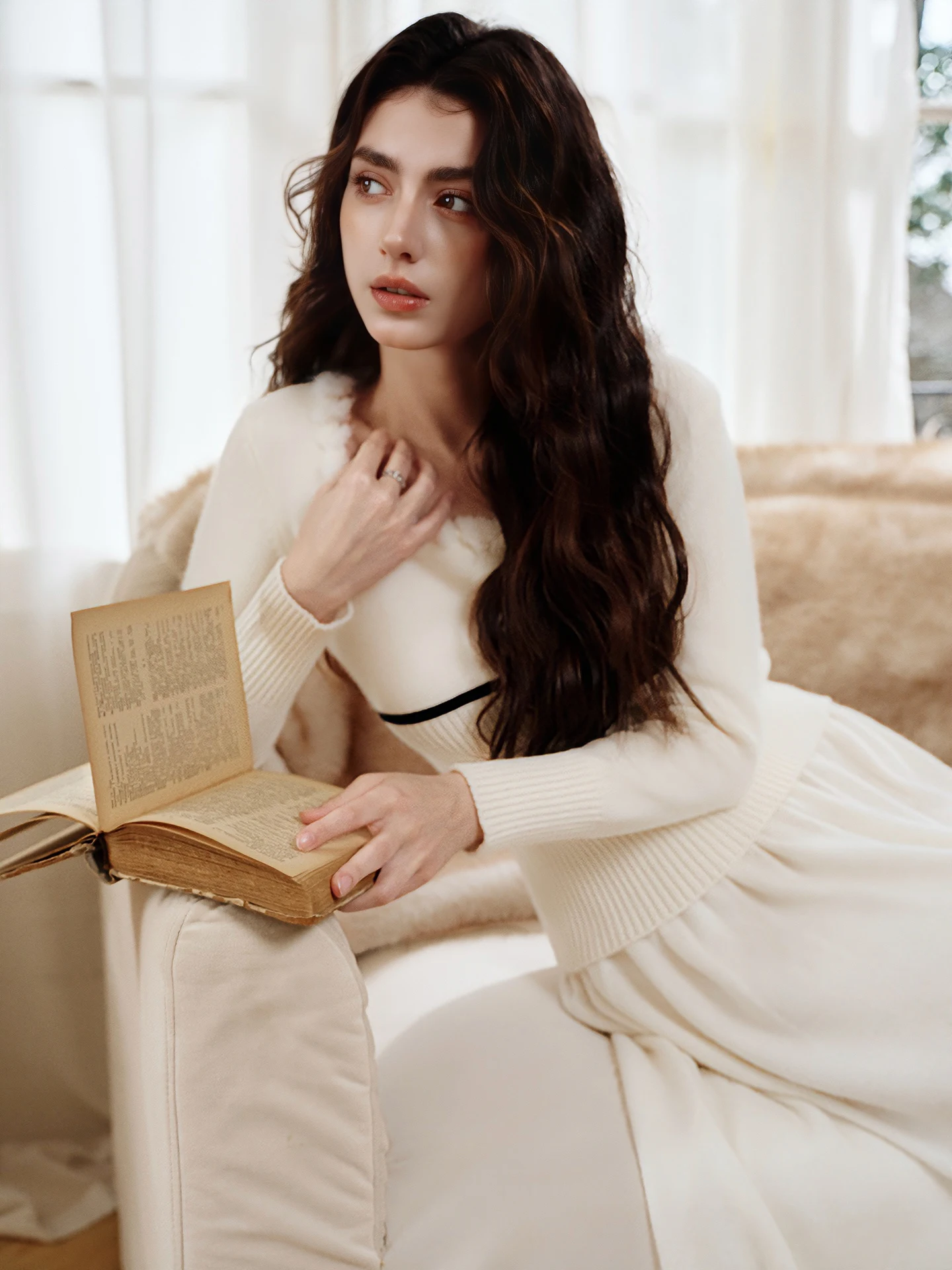 

Reve Miu Bear Rabbit Fur Bear Velvet Waist-Cinching Knitwear Chic Square Collar Top Women's Soft Long Sve Cardigan