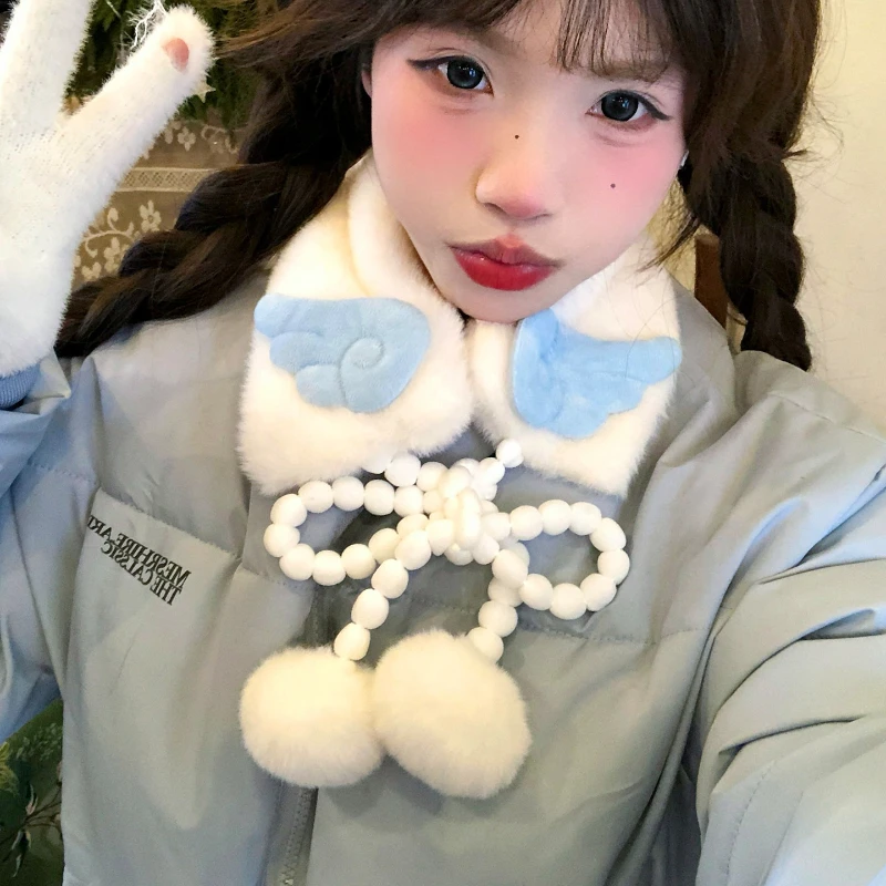 

Y2K Subculture, милый плюшевый шарф с крыльями ангела, зимний теплый японский шарф Jk Sweet Girl Ball, корейский Ins Trend, наушники