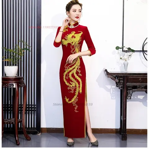 2026 traditional chinese vintage qipao national phoenix embroidery velvet cheongsam oriental improved qipao folk dress qipao