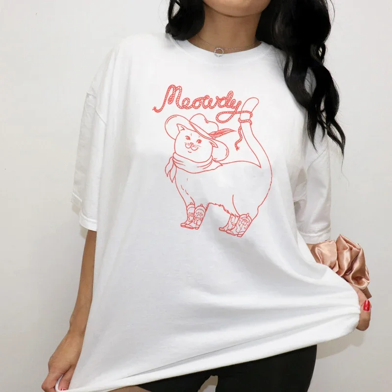 New Meowdy Cat Watch Out Cotton Short Sleeve T-shirt Cute Cat Print Tops Cat Will Save The World Cartoon Tshirts Casual Tees