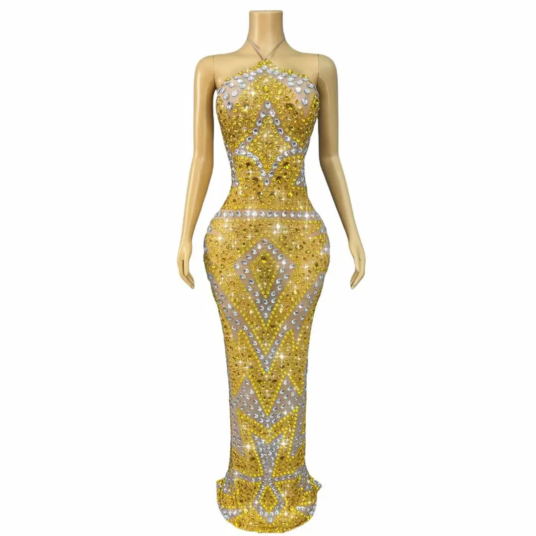Jinjingying Luxury Dubai Evening Dress Gold Diamond Sexy Perspective Mesh Hanging Neck Dress Banquet Birthday Cocktail Dress