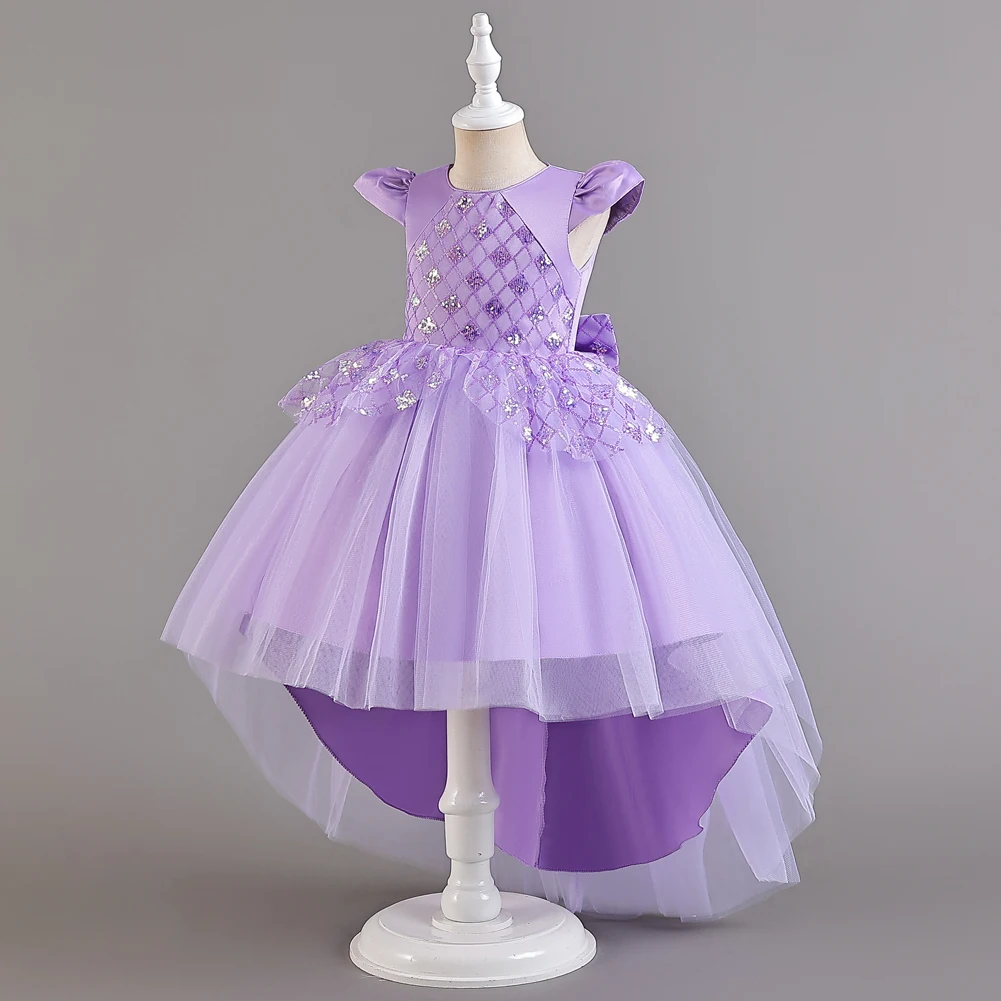 Purple Girl Child Day holiday performance dress, fluffy skirt, mesh princess style drag dress, sequin birthday party wear