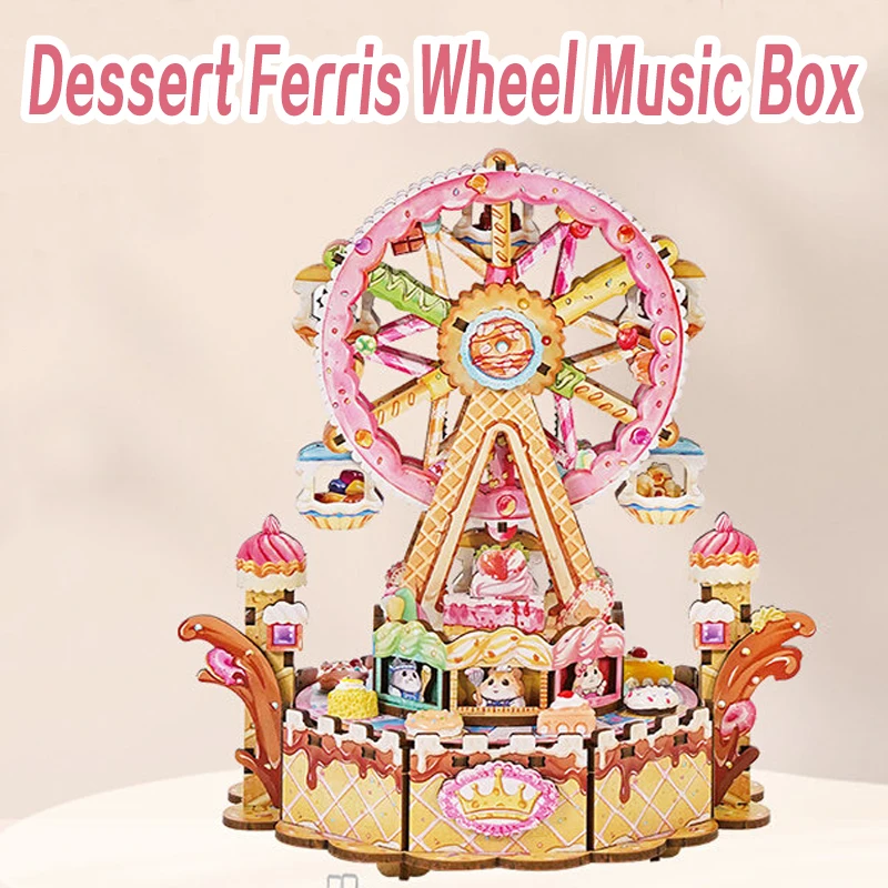 回転するデザート観覧車オルゴール - DIY 3D木製組み立てキット、メロディー付き手作りクラフト、子供と大人のためのユニークなギフト