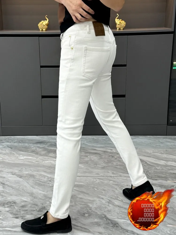 

Модные зимние мужские джинсы слим-фит на флисовой подкладке, теплые, трендовые, прямого кроя, молодежные, длинные брюки с высокой талией