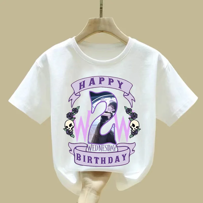 

Wednesday Addams Cute T-shirt Kids Summer Tee Cotton Pullover Birthday Number Tops Kawaii Boys Printed Casual Girls Clothes Gift