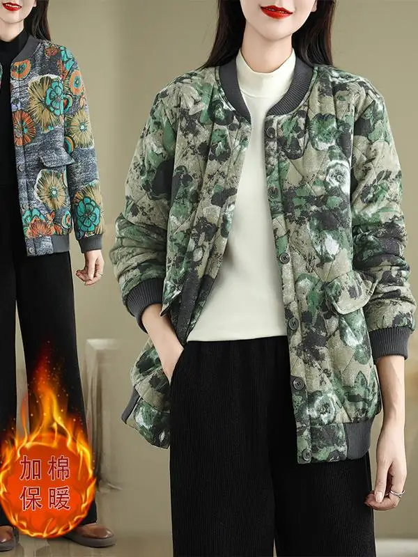 

Women's Autumn Winter Long Sve Cotton Jaet Printed Outerwear Retro Floral Print Casual Sli Fem Clothing