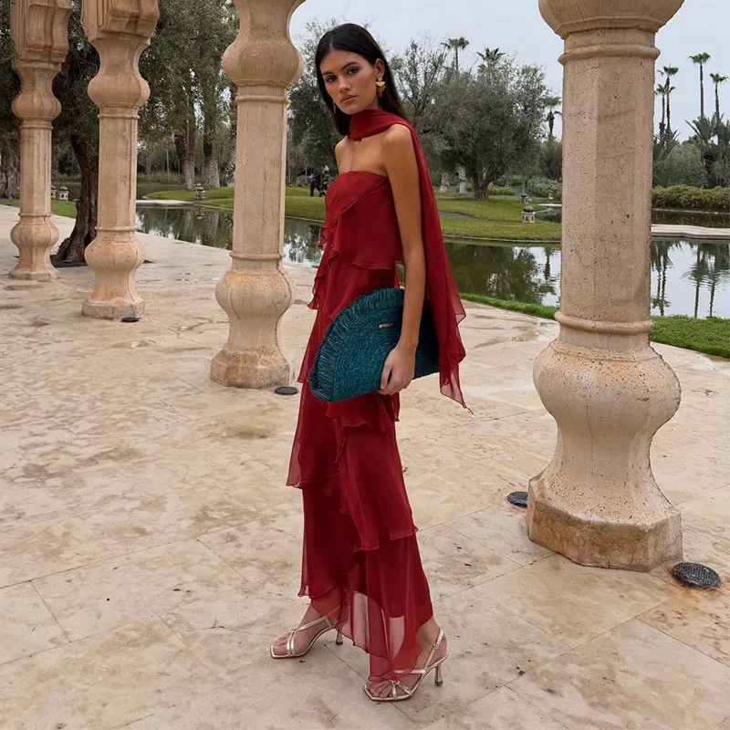 Damen Patchwork Trägerloses Maxikleid Ärmellos mit Rüschensaum und Schal Schnürkleider 2026 Sommer Elegantes Abendkleid für Damen – Detail 9
