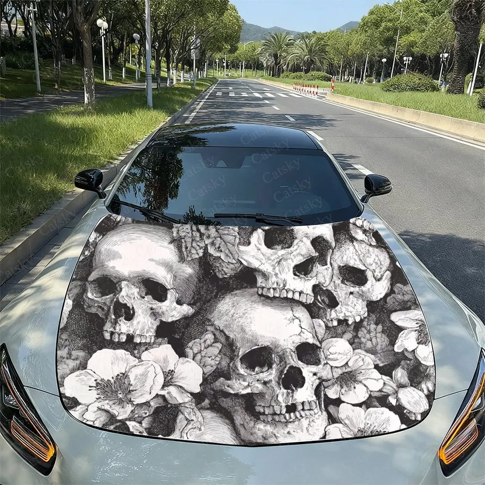 

Flowers And Skull Pattern Car Hood Sticker, PVC Waterproof Self-adhesive Wear-resistant Body Film, Truck And Sedan Specific Deco