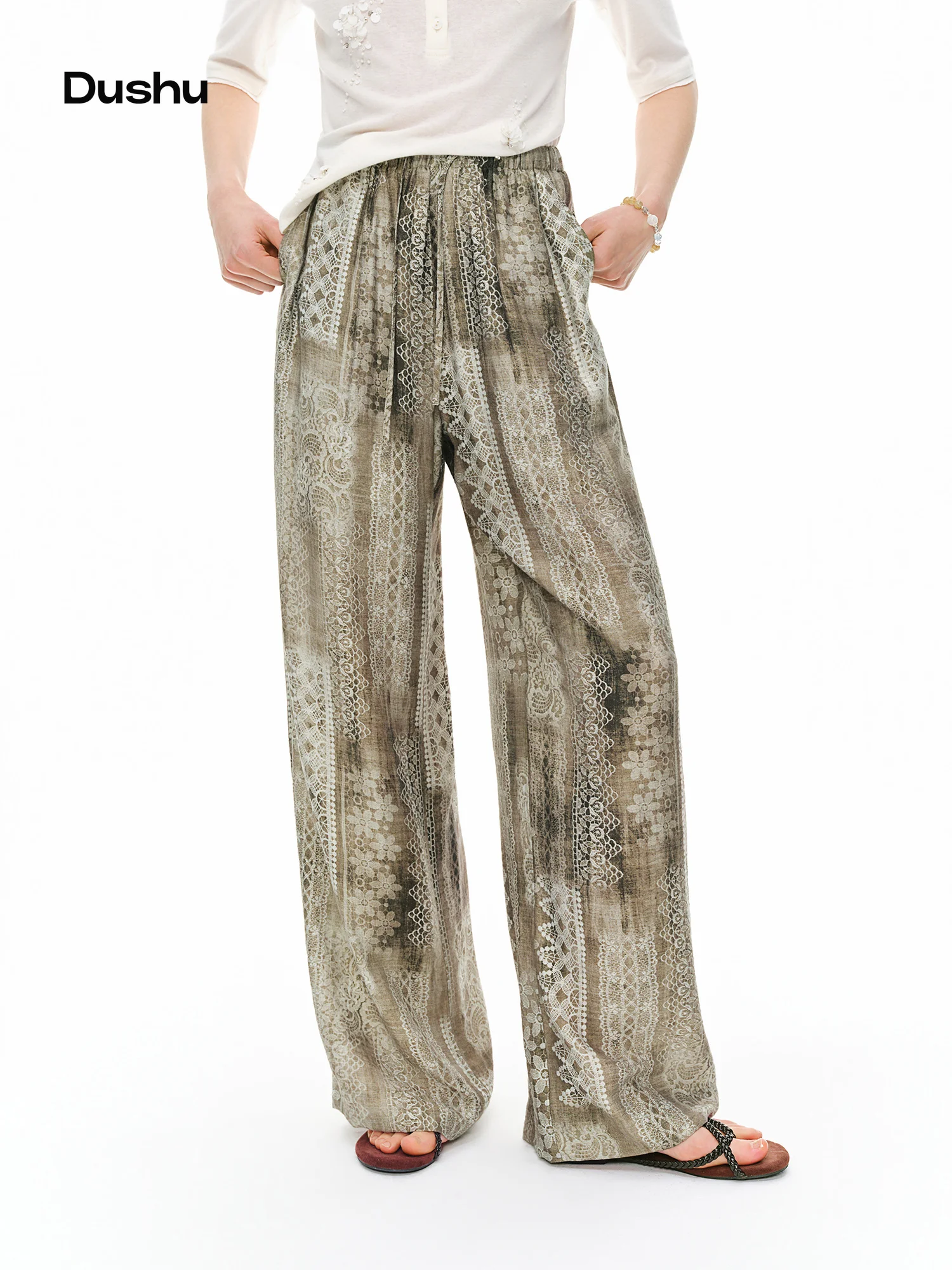 DUSHU Women 2026 Summer New Vacation Style Linen Blend Wide Leg Pants Loose Casual Straight Trousers Figure-Friendly Multi-Size