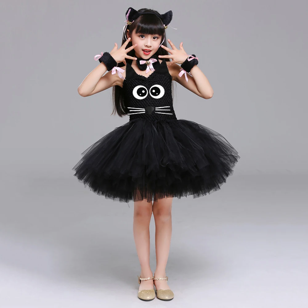 Robe Tutu Kitty pour enfants, tenue de chat noir, olympiques d'animaux d'Halloween, tout-petit, bébé fille, performance de paupières, robe de fête d'anniversaire