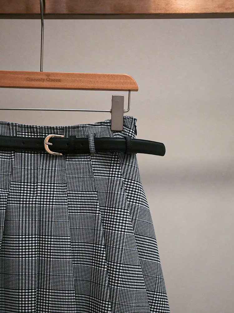 

Summer Women Plaid Set High Waist Leather Sashe Pleated Skirt + Sleeveless Half Turtleneck Short Type Vest