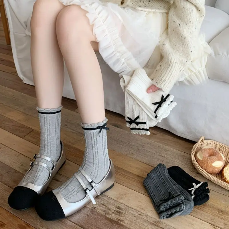 

Balletcore Socks for Schoolgirl Korean Bow Mid-Calf Socks Breathable Cotton Crew Sweet Elegant Socks Fashion Daily Wear