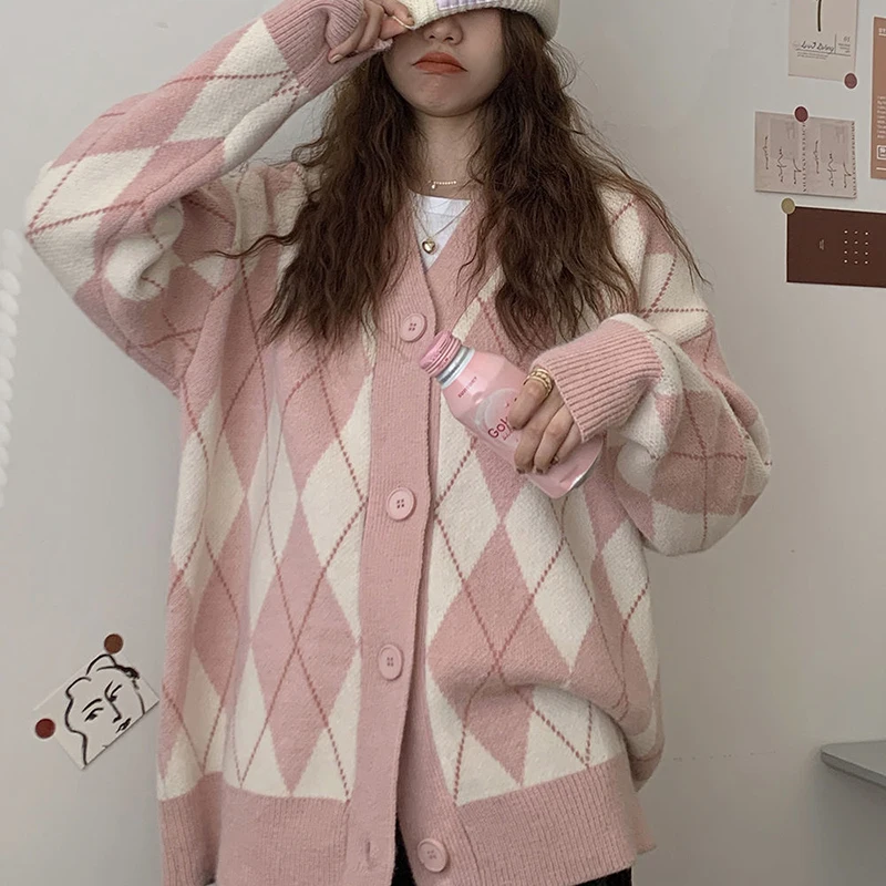 Korean Chic Plaid Cardigan Women Autumn Fashion Sweet Button Long Sleeve Knitted Jacket Patchwork Preppy Style Loose Coat Tops