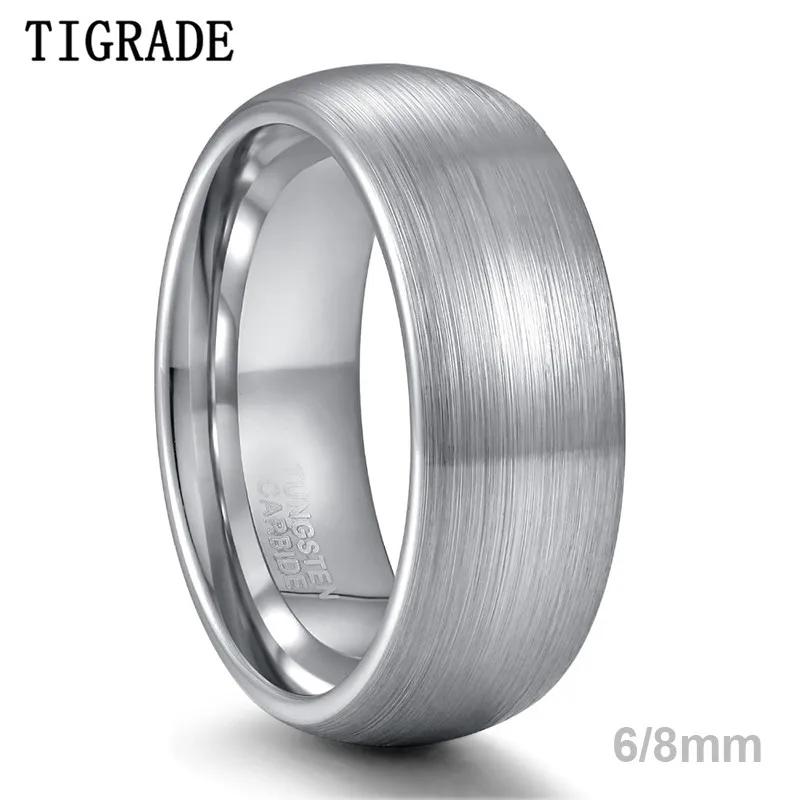 Tigrade 6mm 8mm Pierścionek męski z węglika wolframu Srebrny kolor szczotkowany Unisex Biżuteria ślubna Pierścionek zaręczynowy z kopułą