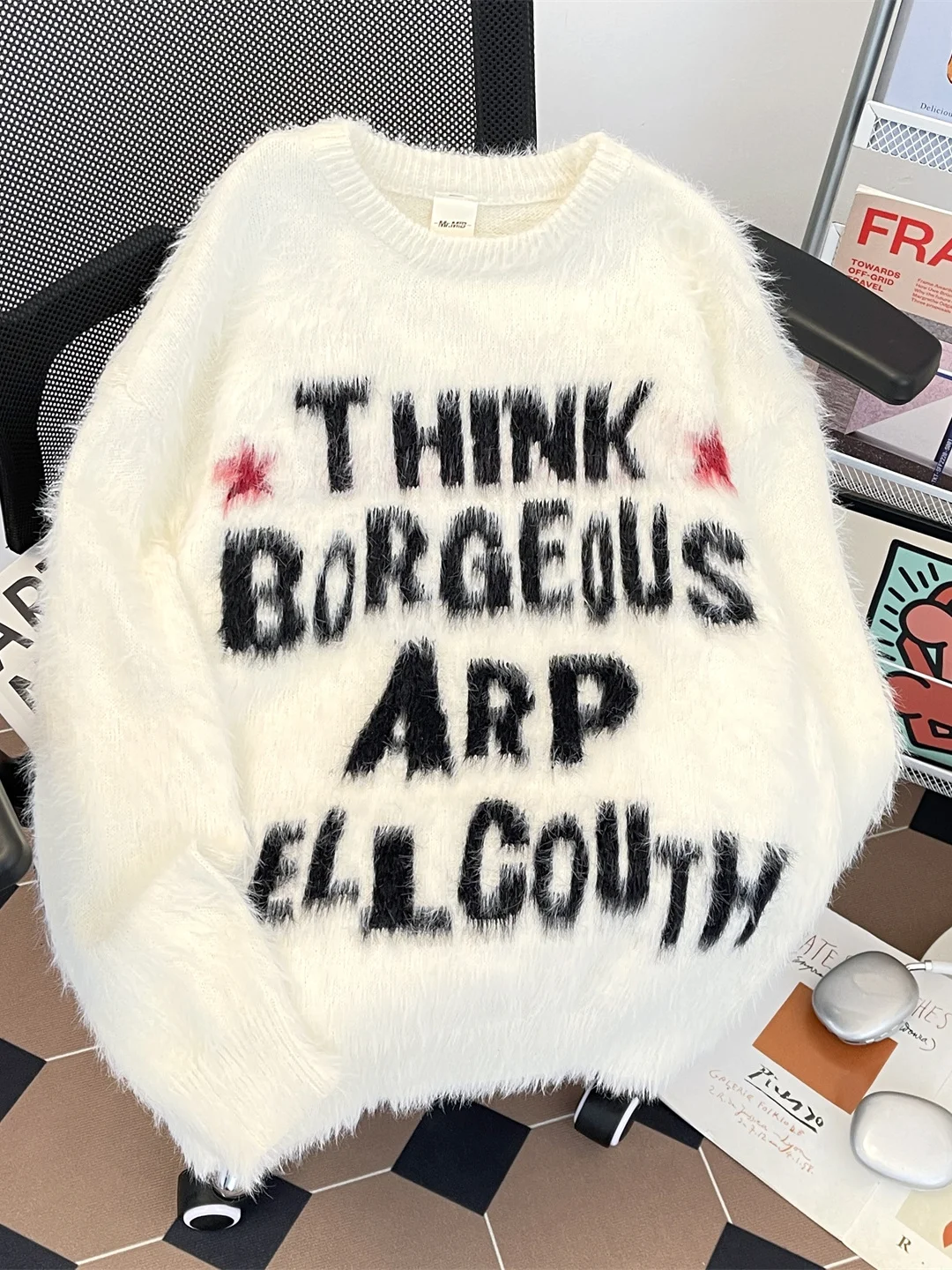 

Мужской свитер из норки с круглым вырезом, утепленный, с вышивкой букв, повседневный вязаный свитер, плотный, в стиле оверсайз, для пар, трикотаж