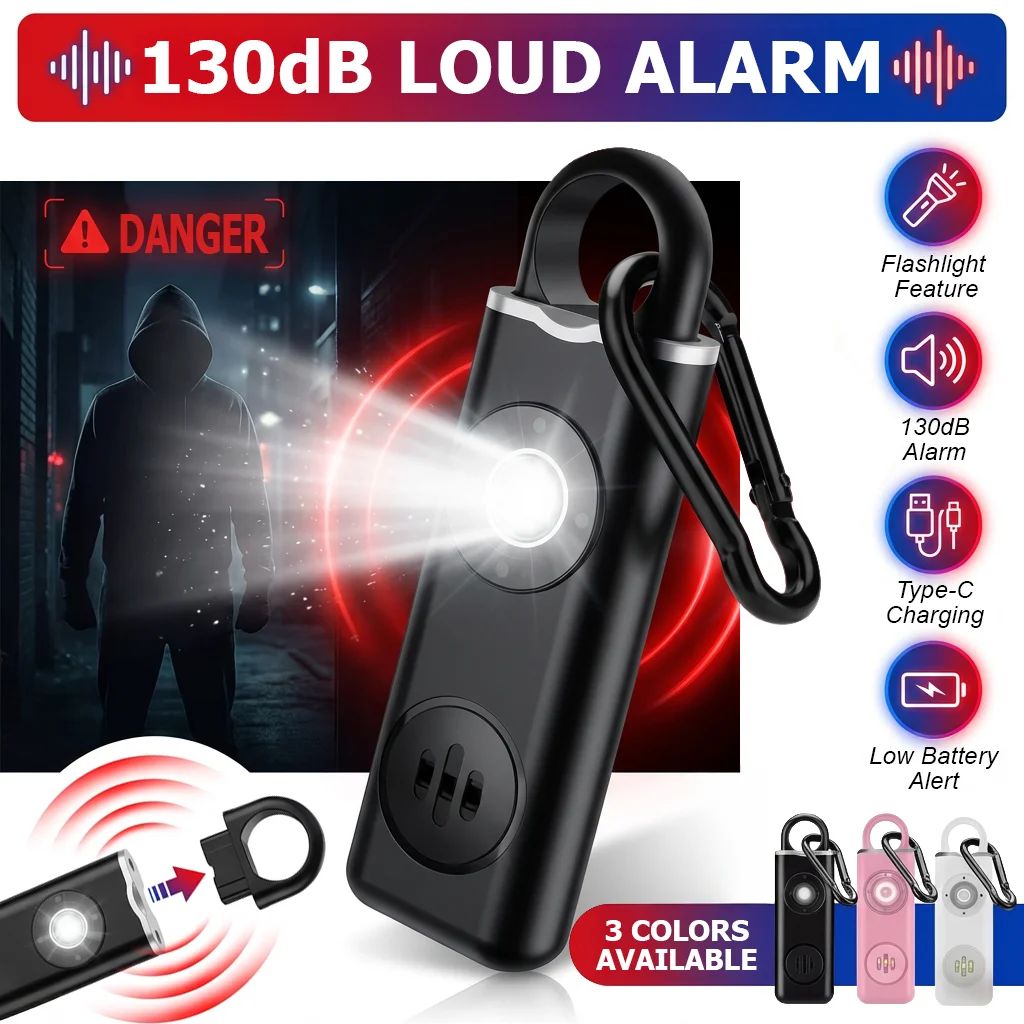 Rechargeable Keychain Alarm — Self Defense Personal Alarm for Women, Children, Elderly, 130dB Siren Loud with LED Light
