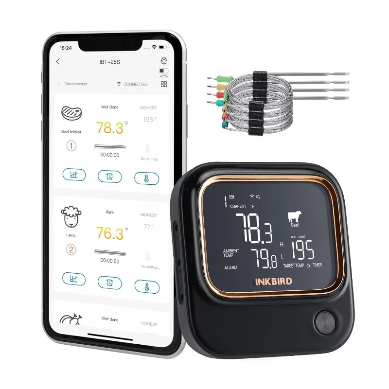 

IBT-26S Bluetooth Wi-Fi BBQ Thermometer, with 4 Food-Grade Probes, APP Control, USDA Meat Presets, Temperature Alarm and Timer