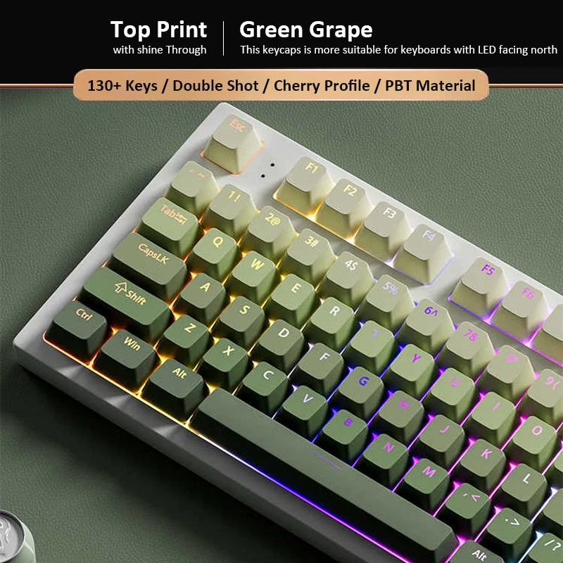 Green Grape Top-lit RGB Backlit Keycaps Double Shot PBT Keycaps 130 Key Cherry Profile for MX Switches Mechanical Gamer Keyboard