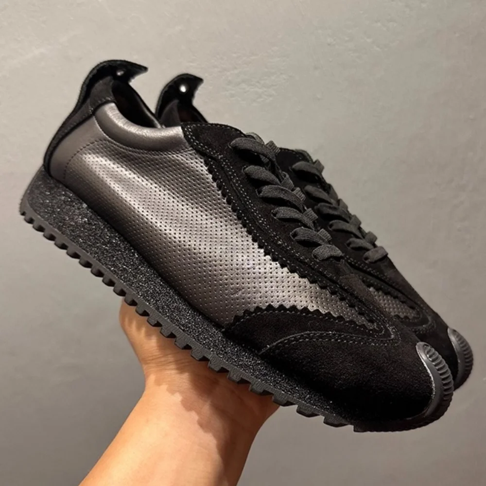 

QHCCID Mens Genuine Leather Casual Shoes Lace Up Hollow Out Spliced Fashion Active Shoes Spring Summer Platform Sneakers