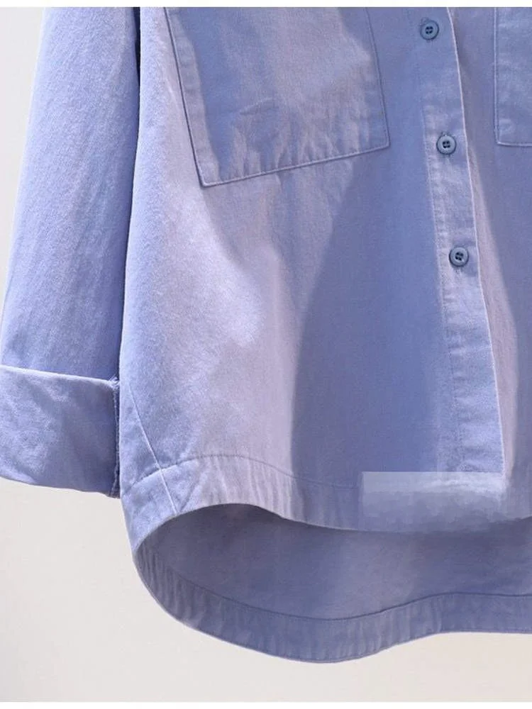 Blue Casual Long Sleeve Cotton Shirt Women's Loose Fit Shirt Double Pocket Brushed Cotton Korean Style Top Artistic Style