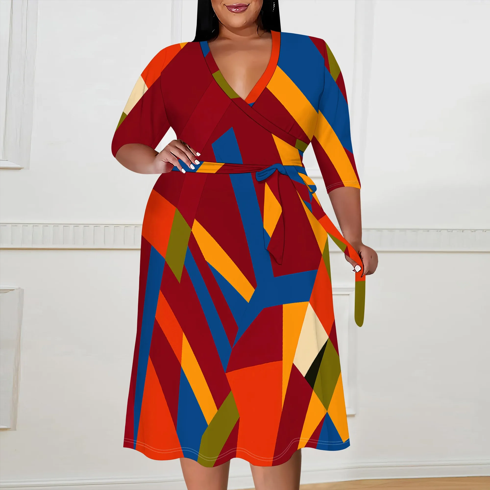 

Geometric Print Wrap Dress Women's 2025 New Arrival XL-6XL Casual Summer Dress