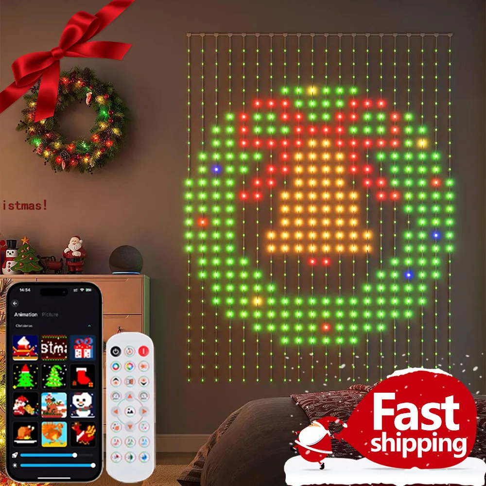 Smart Curtain Lights Christmas String Lights Dynamic DIY Color Changing Pattern Text with APP Remote for Home Party Decor