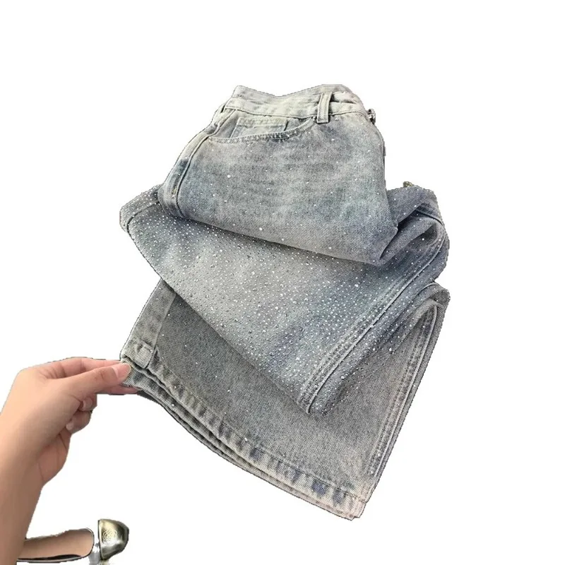 Autumn  New Design Sense, Niche Fashion, Loose and Slimming Long Pants Starry Sky Sparkling Diamond Wide-leg Jeans for Women's