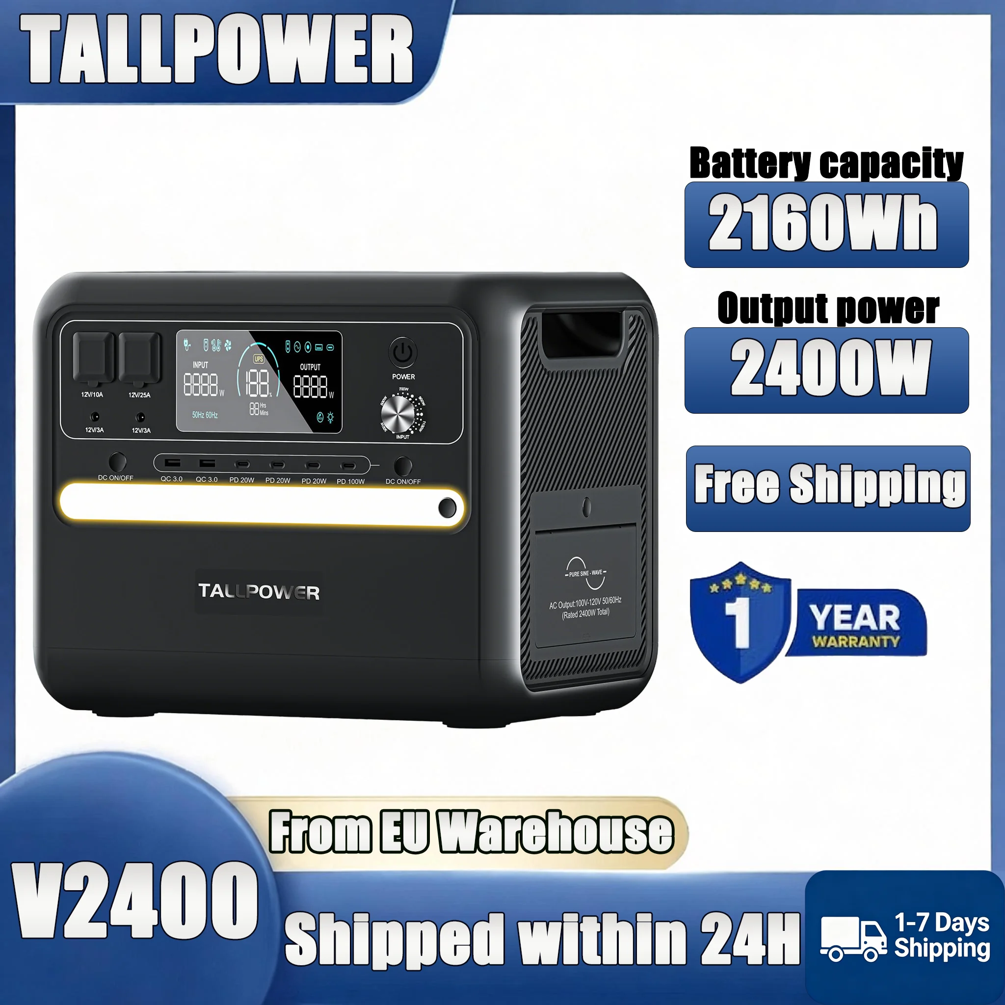 TALLPOWER V2400 Tragbare Powerstation, 2160Wh LiFePo4 Solargenerator, 2400W AC-Ausgang, USV, 13 Ausgänge, LCD-Bildschirm, Sicher