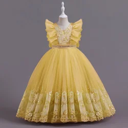 Children's embroidered princess skirt 4-12 years old girls' small flying sleeve V-neck pompous skirt banquet performance dress