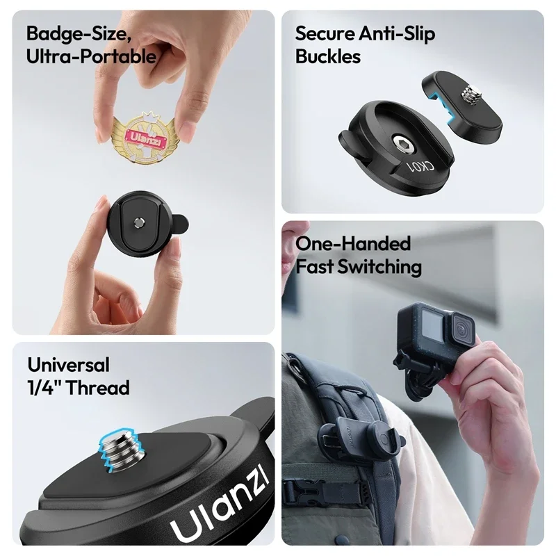 Ulanzi CK01 CK02 Magnetic Quick-Release Backpack Clip: Universal 1/4" Mount for GoPro, DJI Pocket 3 & DSLR