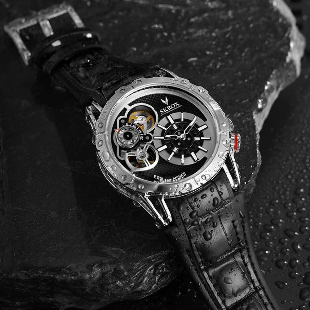 Punk Skeleton Watches Luxury Automatic Self-Wind Mechanical Wristwatches Men 44mm Top Brand Tourbillon Luminous Clock SKROX 2023